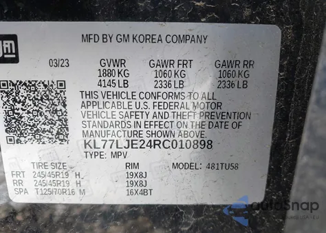 2024 Chevrolet Trax Fwd 2Rs из США, поврежденный, VIN KL77LJE24RC010898